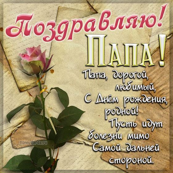 Красивая открытка папе с поздравлением на фоне розы