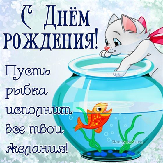 Картинка с котиком и рыбкой на День рождения