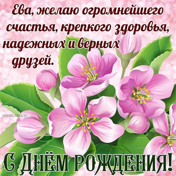 Картинка для Евы на День рождения на фоне розовых цветов
