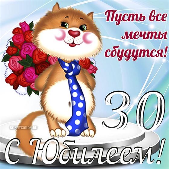 Милый котик с букетом роз на 30 лет