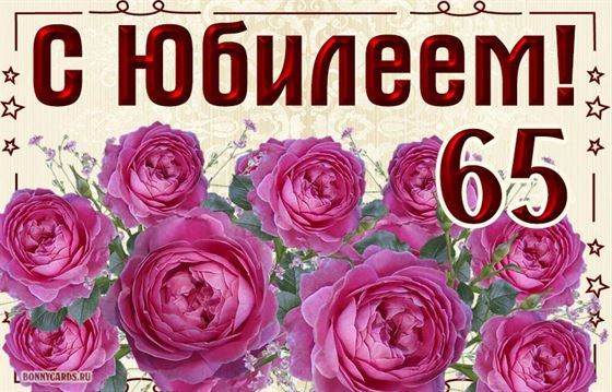 Пышные розовые розы с юбилеем 65 лет