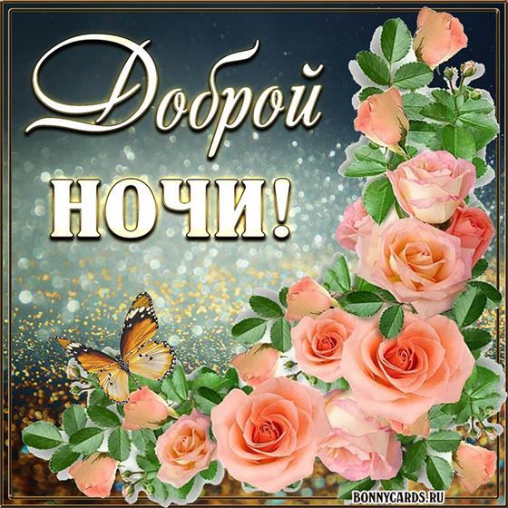 Открытка доброй ночи с розами и бабочкой
