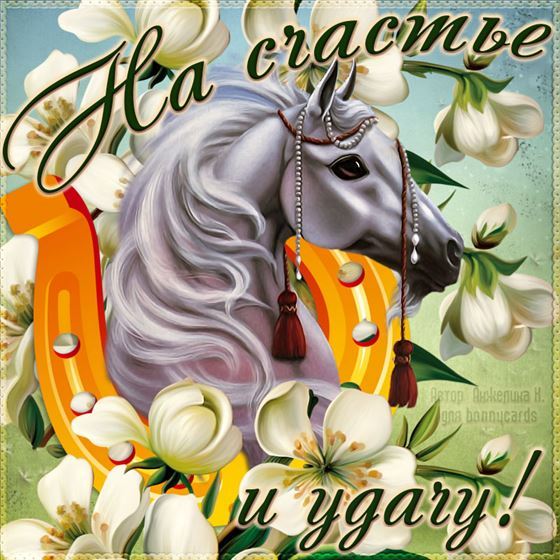 Красивая открытка на удачу с конём