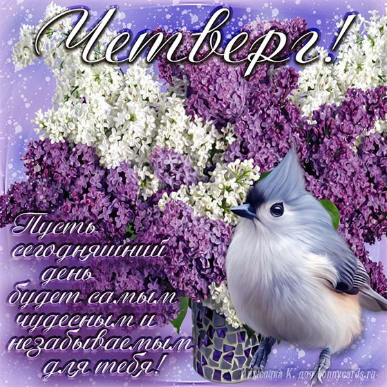 Картинка с сиренью и птичкой на четверг