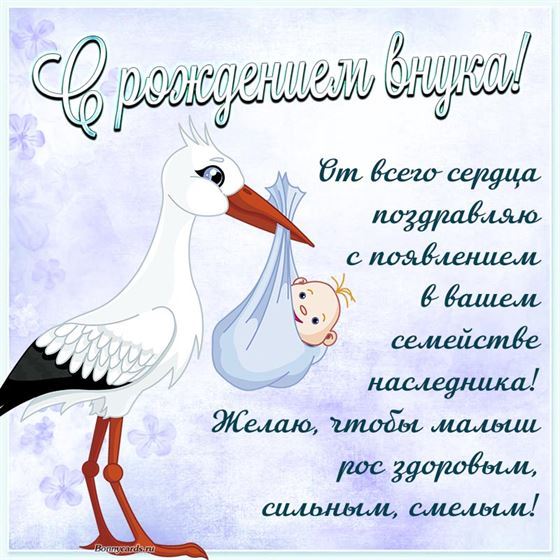 Открытка с поздравлением и аистом на рождение внука