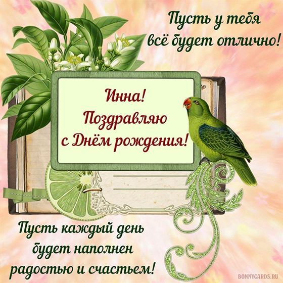 Оригинальная открытка с попугаем и пожеланием Инне