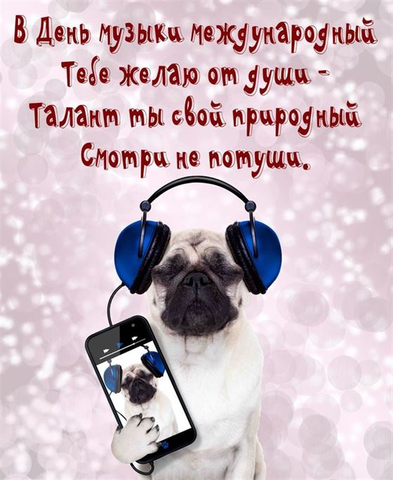 Прикольная открытка с мопсом на День музыки