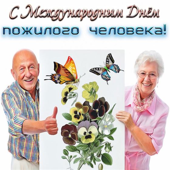 Картинка на День пожилых людей с цветами и бабочкой