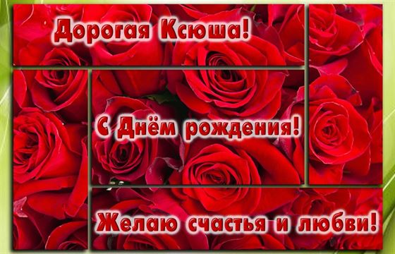 Пожелание на День рождения Ксюше на фоне из красных роз