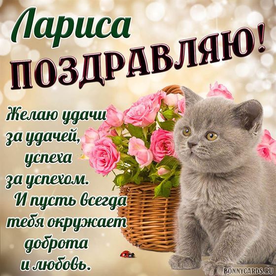 Открытка с котёнком и цветами Ларисе на День рождения