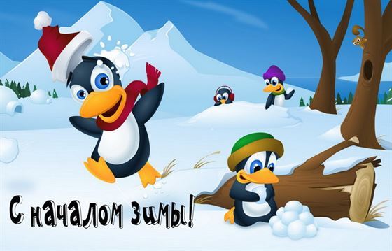 Прикольная открытка на первый день зимы с пингвинами