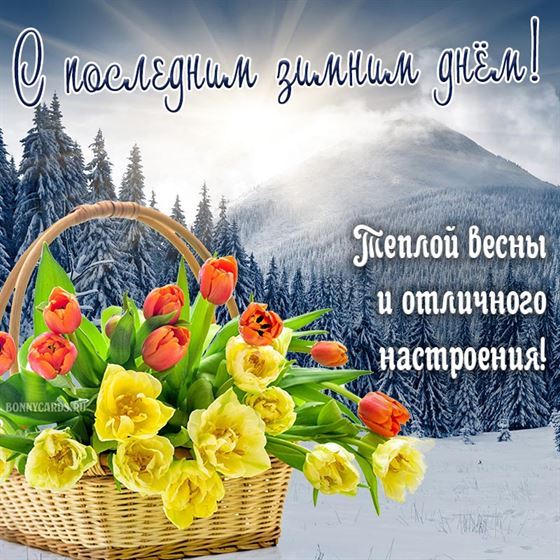 Картинка на последний день зимы с корзиной тюльпанов