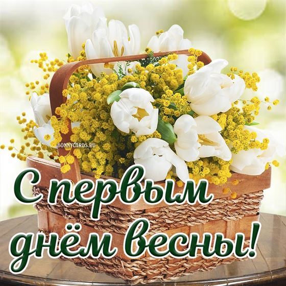 Корзина с мимозами и тюльпанами на первый день весны