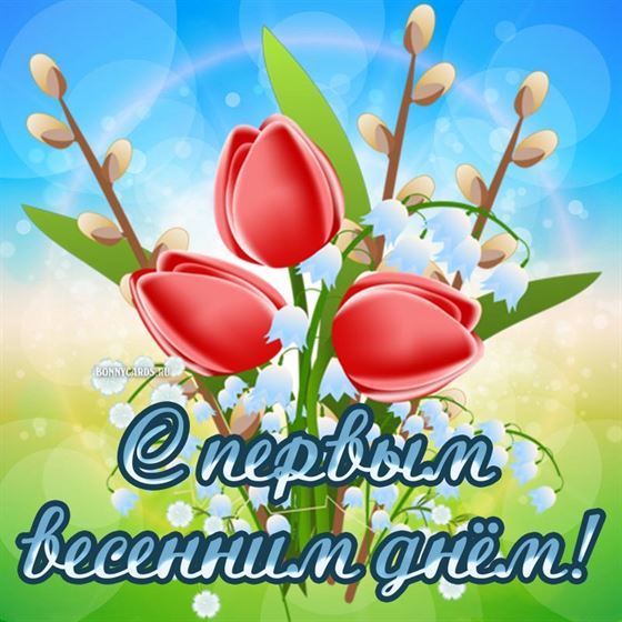 Красивая открытка на первый день весны с тюльпанами