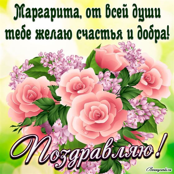 Яркая картинка с розовыми розочками и поздравлением Маргарите