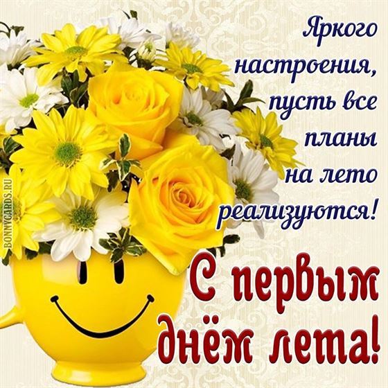 Забавная открытка на первый день лета с цветами в вазе