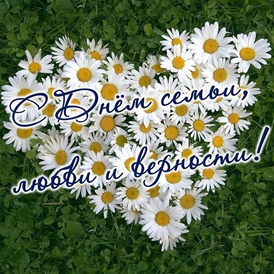 Сердце из ромашек на открытке на День семьи, любви и верности