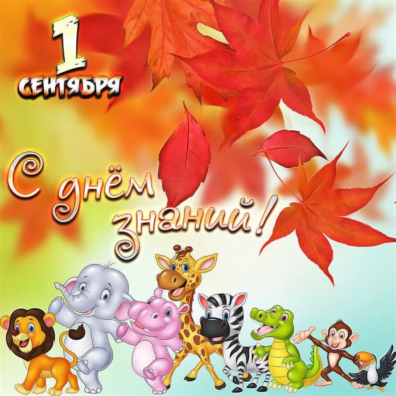 Дружные животные поздравляют с 1 сентября на фоне листьев