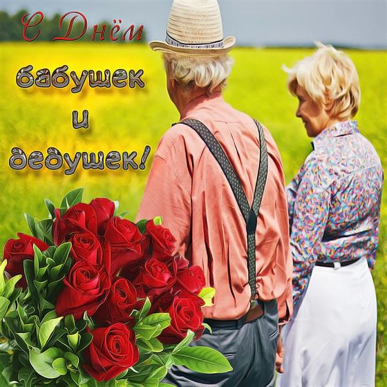 Пожилая пара с цетами в поле на открытке на День бабушек и дедушек