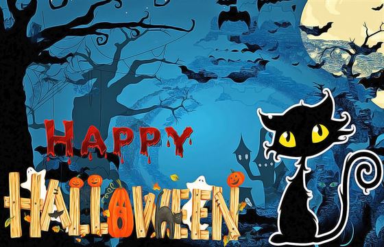 Прикольная открытка на Хеллоуин с кошкой