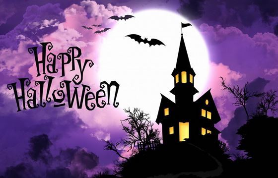 Картинка с замком на фиолетовом фоне на Хеллоуин