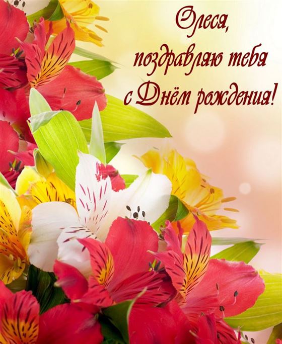 Открытка с яркими цветами на День рождения Олесе