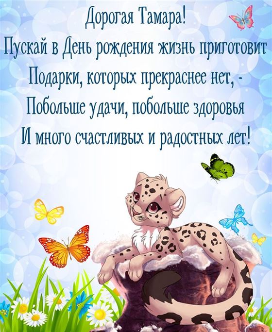 Открытка с мультяшным барсиком для Тамары на День рождения