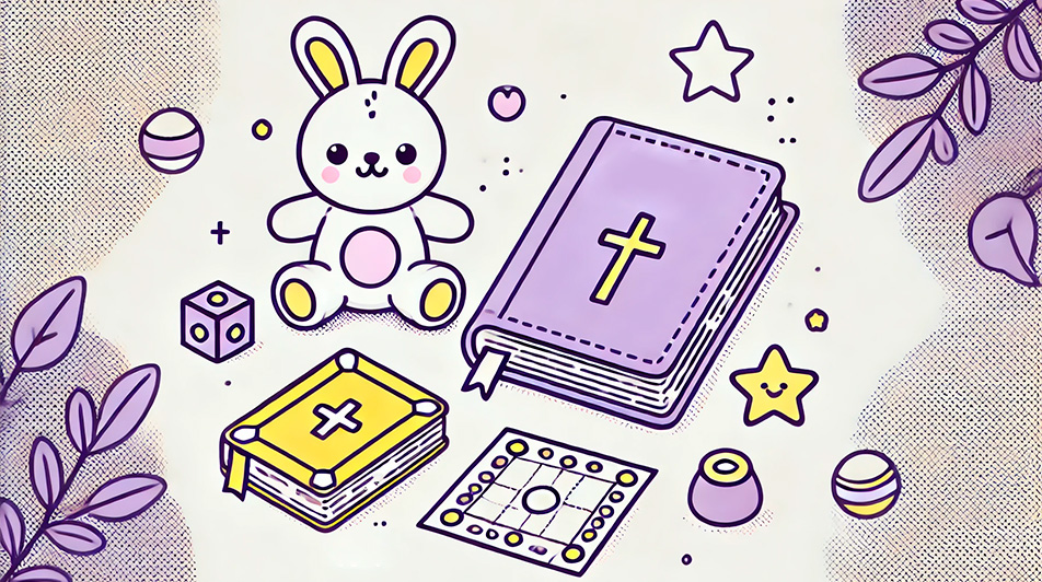 Изображены игрушечный кролик, детская библия и настольная игра. Контуры предметов выполнены жёлтыми и фиолетовыми линиями, вокруг нарисованы маленькие звезды и сердечки. Подарки на Пасху для детей