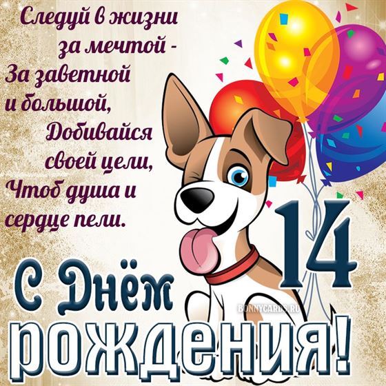 Забавная открытка с щенком на 14 летие