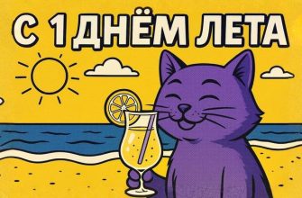 с 1 днём лета кот фиолетовый на фоне моря с коктейлем