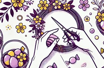 Подарки на Пасху своими руками. Руки создают пасхальный венок и небольшие корзинки со сладостями. Венок и корзинки выполнены жёлтыми линиями, цветы и конфеты фиолетового цвета. Простые, чёткие контуры.