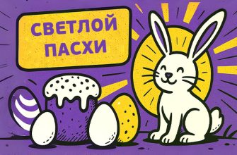 открытки на Пасху с кроликами и яйцами, красивые мерцающие с куличем фиолетовый цвет